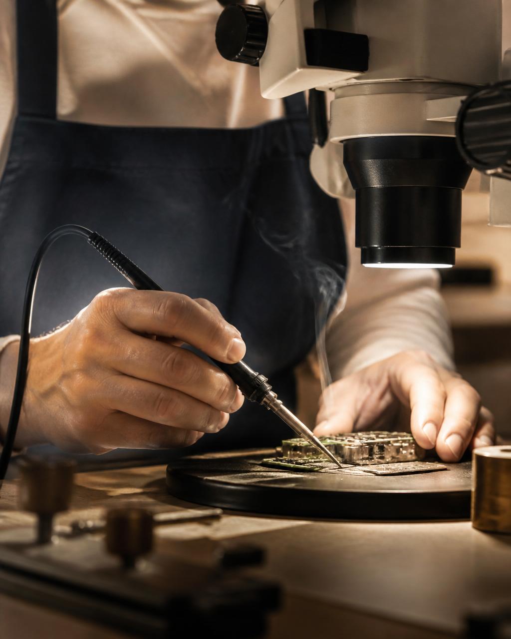 Technician soldering a circuit board under a workshop microscope