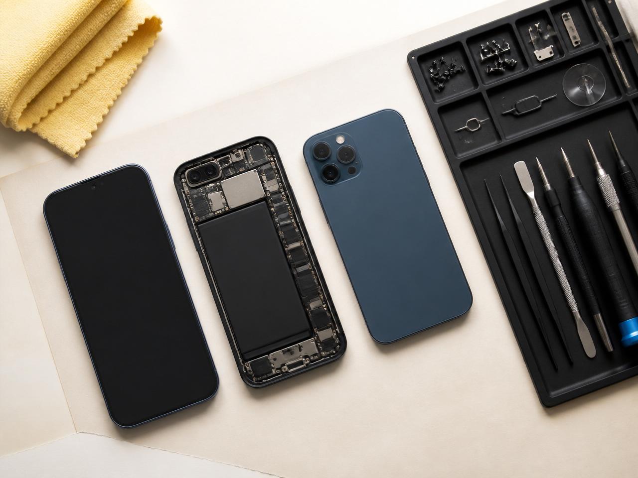 Smartphones and repair tools on a cream surface
