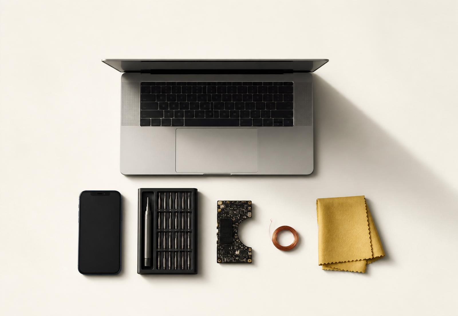 Laptop, phone and precision tools laid out on a cream workbench