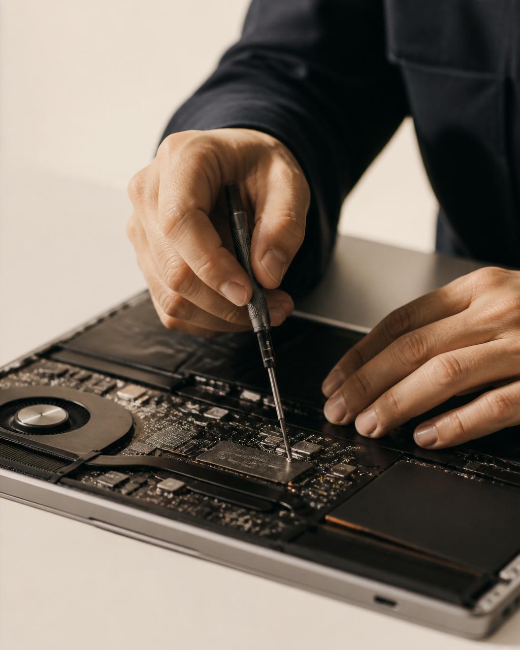 Technician working inside an open laptop